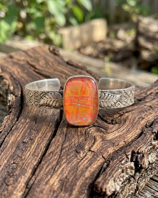 Australian Coral Triplet Opal Engraved Adjustable Bangle– 925 Silver