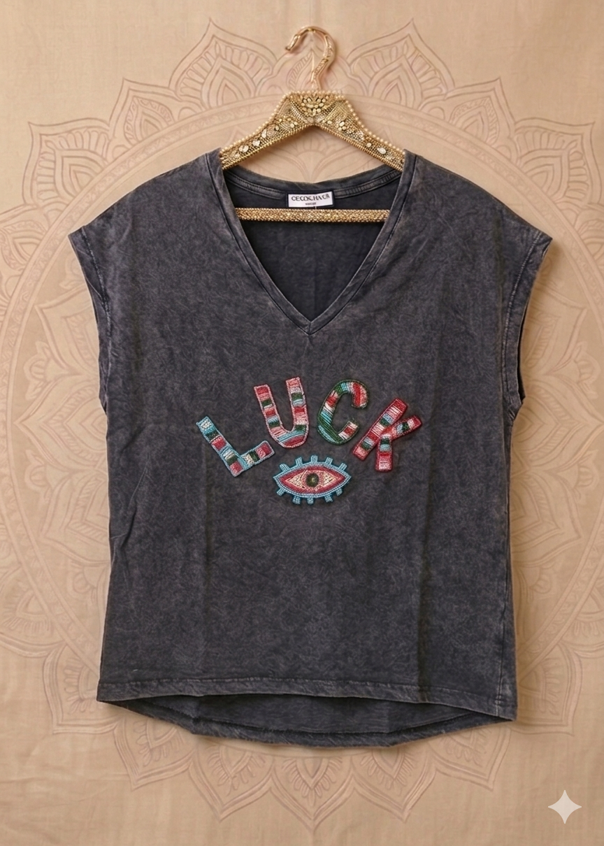 Luck hand-beaded T-Shirt – Washed Grey size 8-12