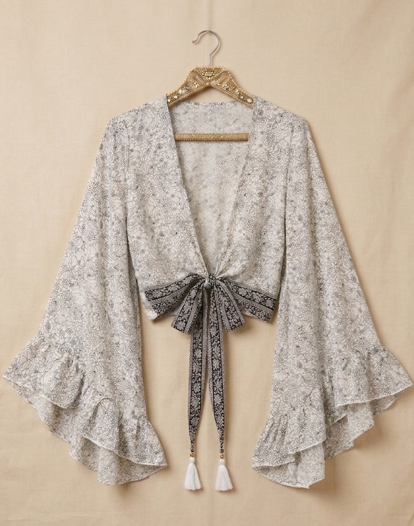 Bell Sleeve Butterfly Top – White & Black Print