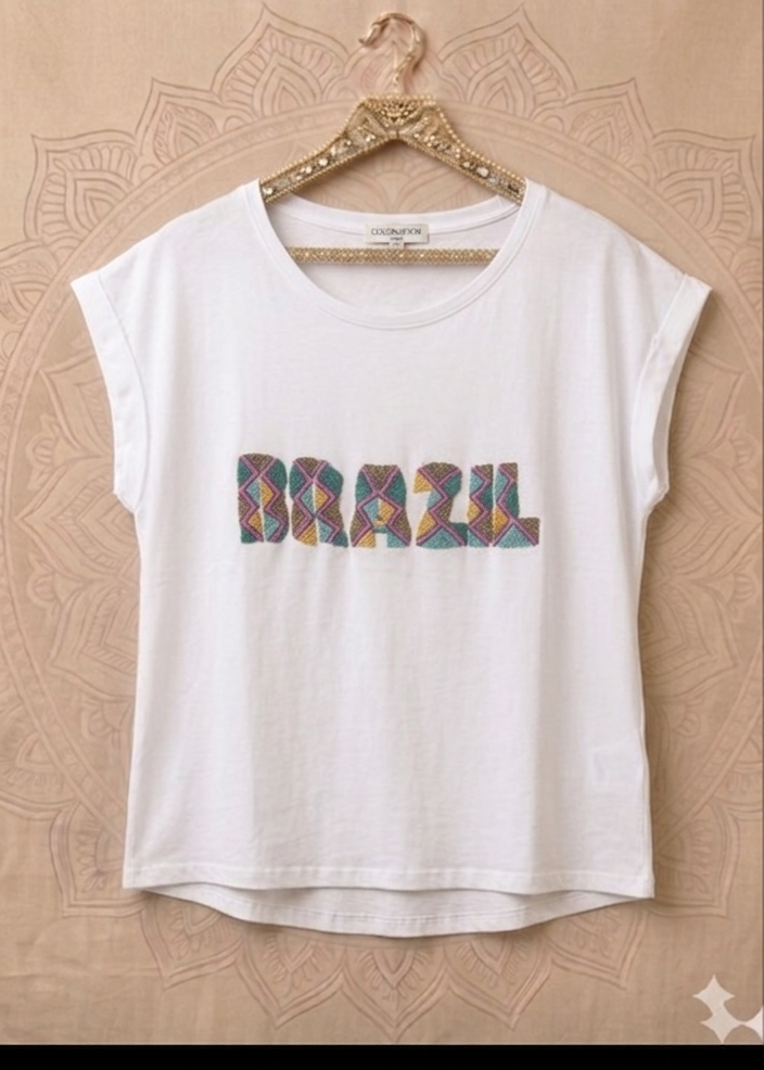 Brazil Hand Beaded Motif T-Shirt – White one size 8-12