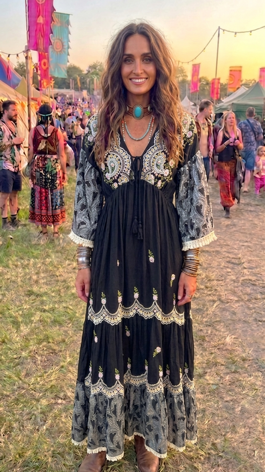 Black Paisley Embroidered Boho Maxi Dress