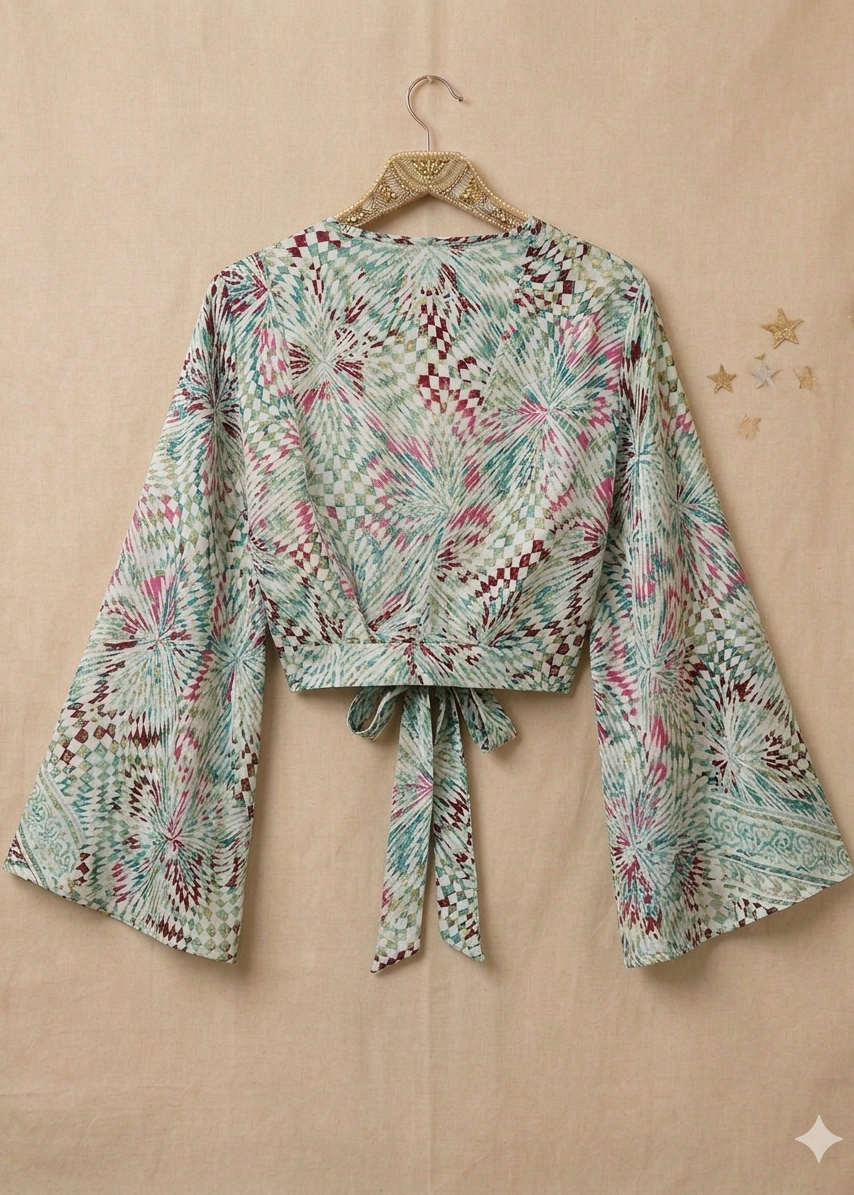 Bell Sleeve Butterfly Top – Green one of a kind Print