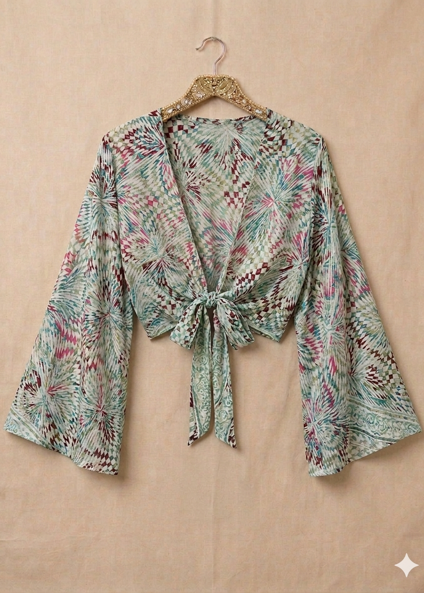 Bell Sleeve Butterfly Top – Green one of a kind Print