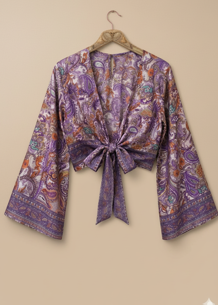 Bell Sleeve Butterfly Top – Purple Paisley Print