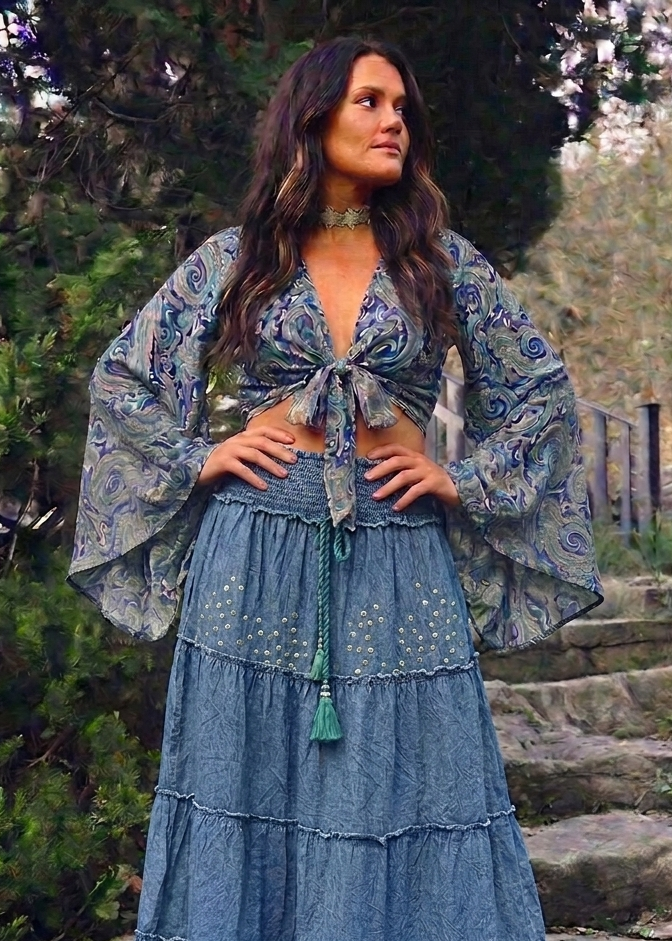 Bell Sleeve Butterfly Top – Blue Paisley Print