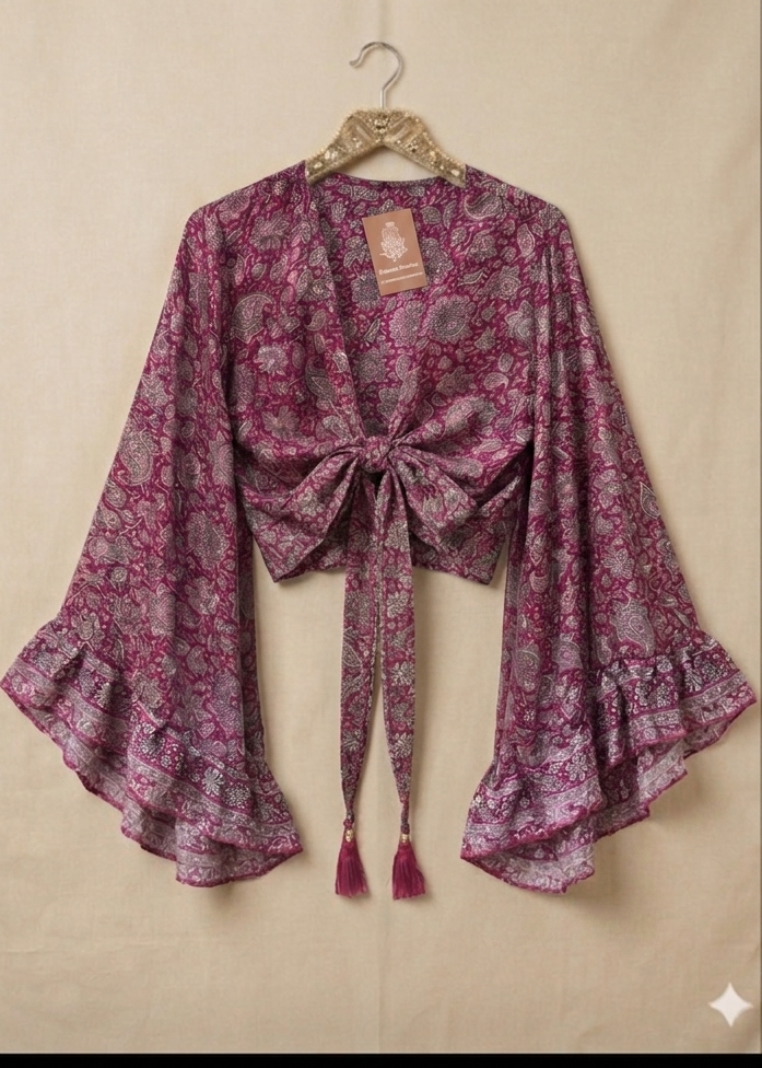 Bell Sleeve Butterfly Top – Dark Red Paisley Print