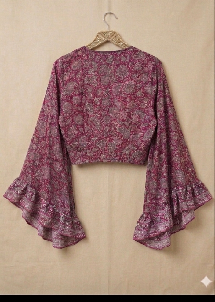 Bell Sleeve Butterfly Top – Dark Red Paisley Print