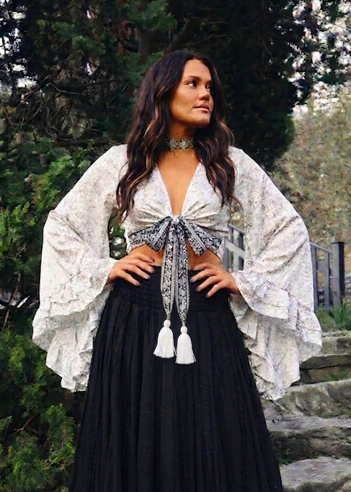Bell Sleeve Butterfly Top – White & Black Print