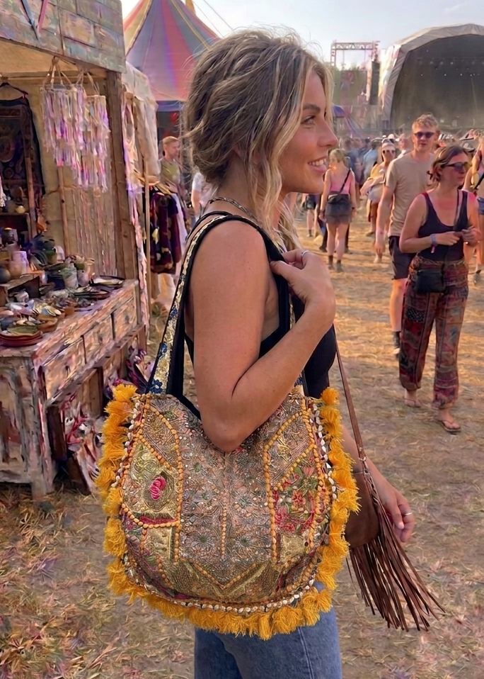 Gold & Yellow Patchwork Embroidered Tote Bag