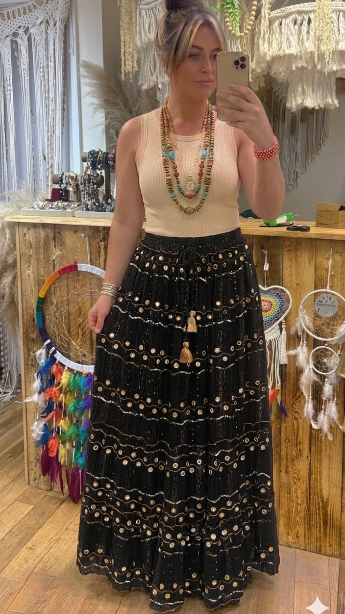 Moon Black Mirror & Glitter Embellished Maxi Skirt