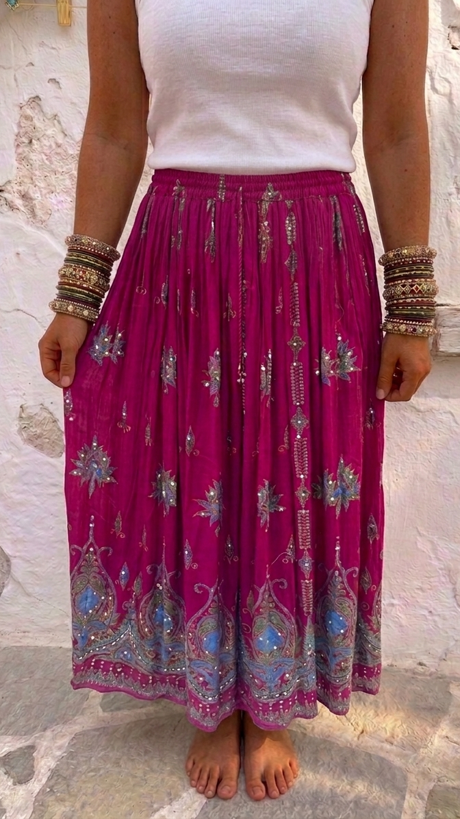 Shakti Magenta Hand Embellished Boho Maxi Skirt