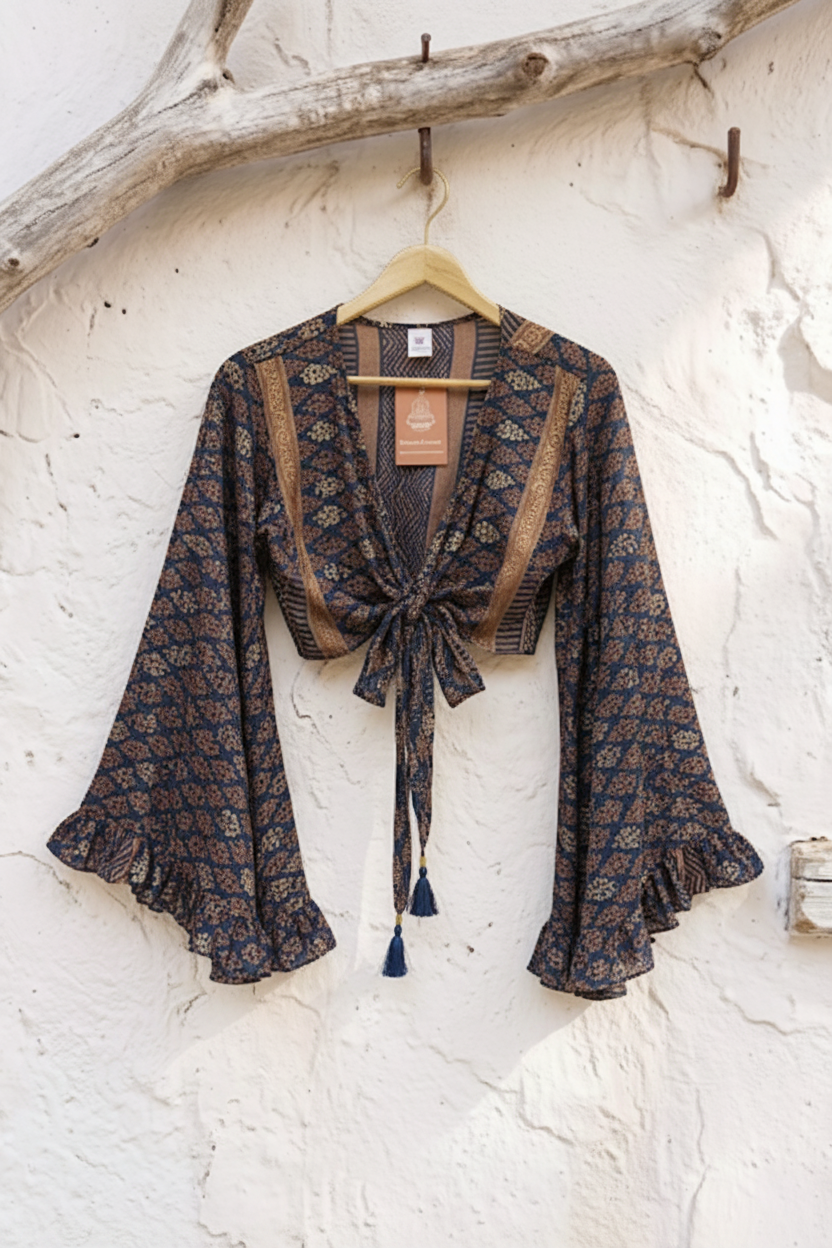 Aura Bell Sleeve Butterfly Cropped Top – Black one of a kind Print