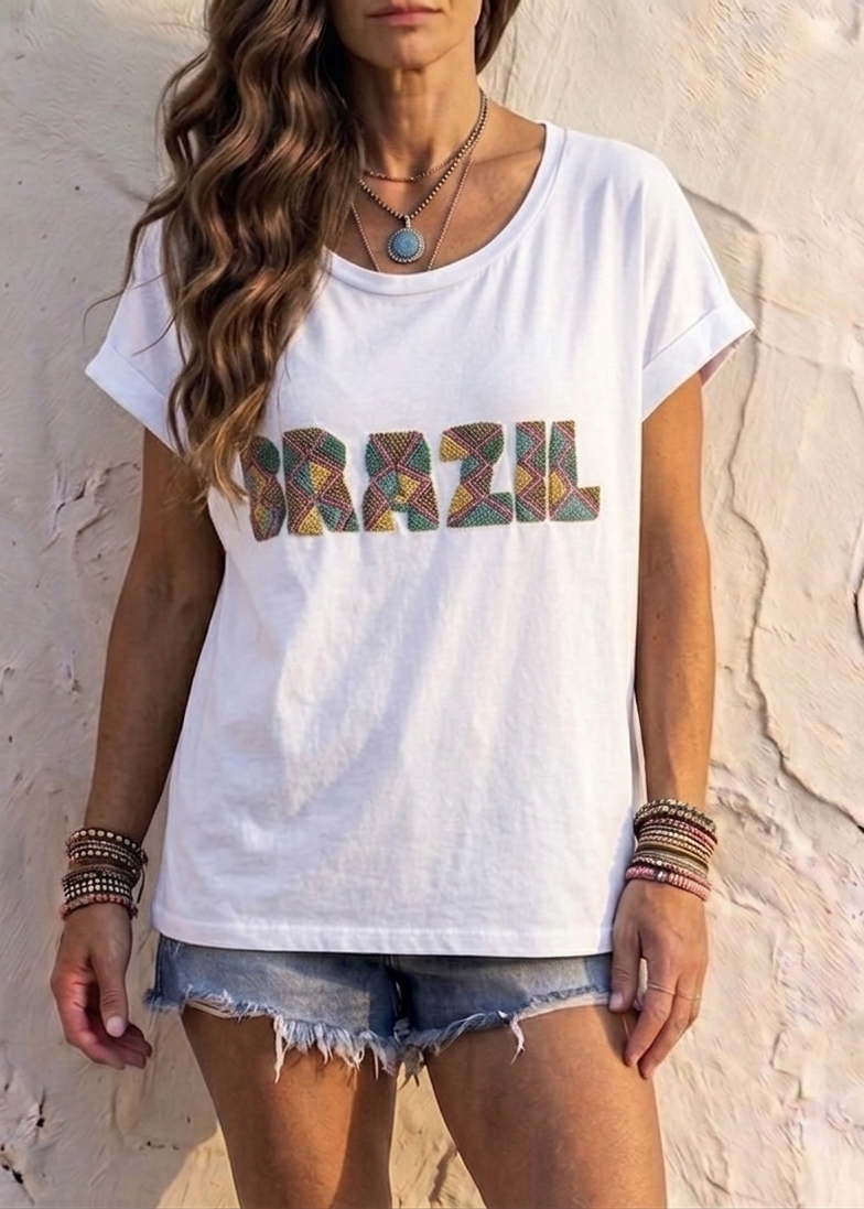Brazil Hand Beaded Motif T-Shirt – White one size 8-12