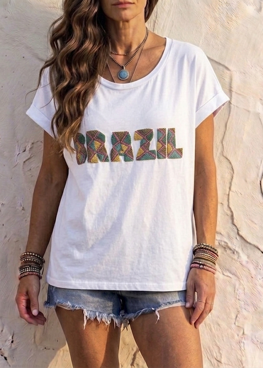 Brazil Hand Beaded Motif T-Shirt – White one size 8-12
