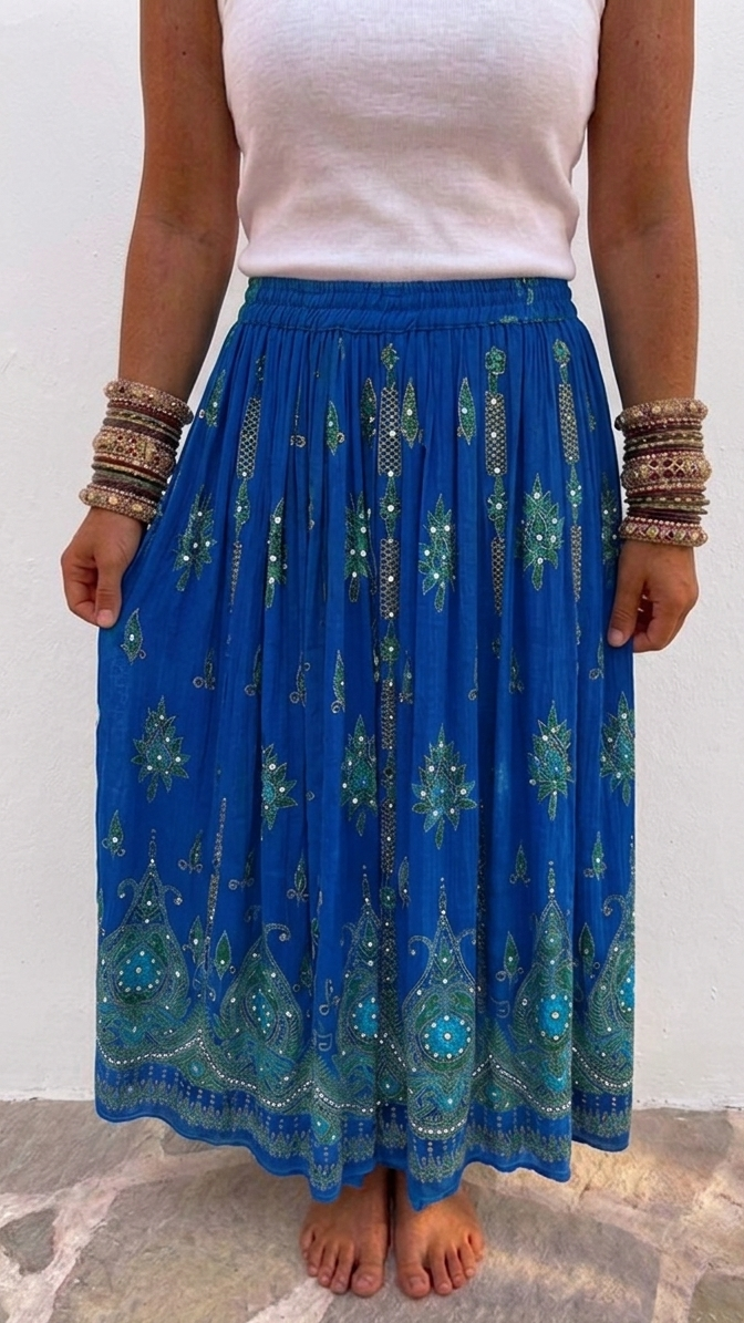 Shakti Blue Hand Embellished Boho Maxi Skirt one size 10-14