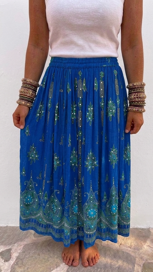 Shakti Blue Hand Embellished Boho Maxi Skirt one size 10-14