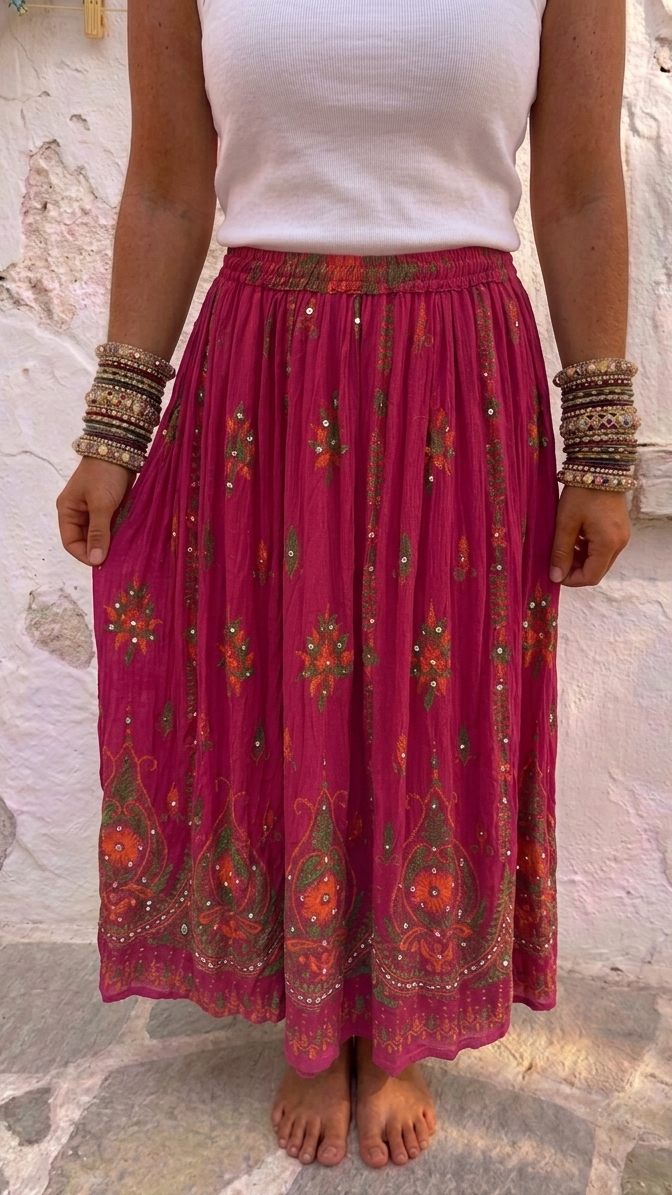 Shakti Bright Pink Hand Embellished Boho Maxi Skirt one size 10-14
