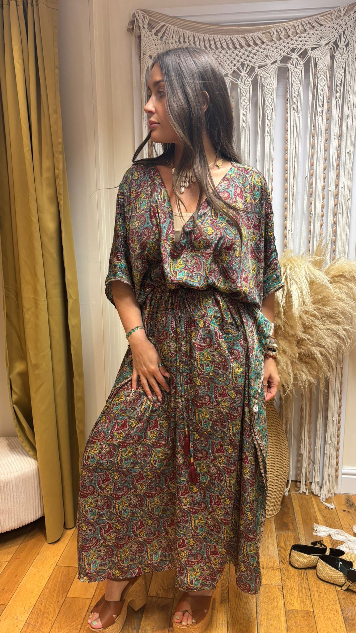 Paisley Recycled Sari Silk Maxi Kaftan – One Size 10-18
