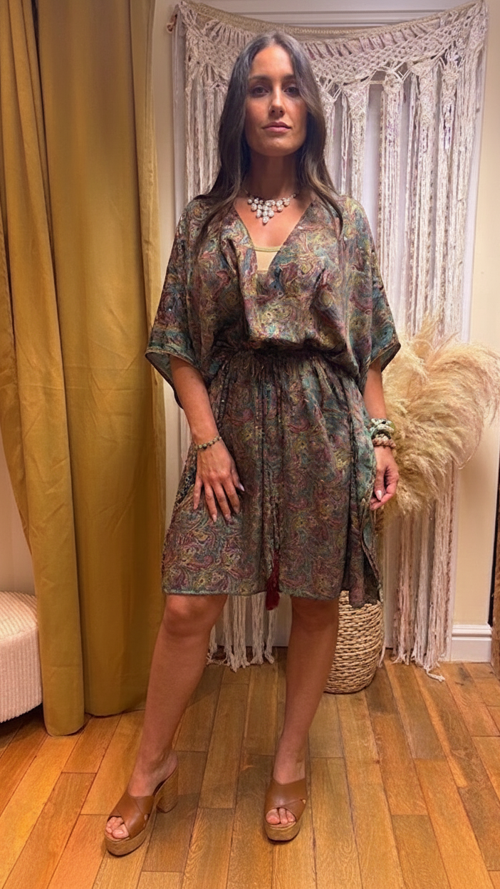 Kindred Paisley Recycled Sari Silk Kaftan – One Size 10-16