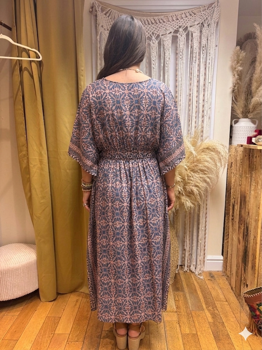 Kindred Geo Recycled Sari Silk Maxi Kaftan – One Size 10-18