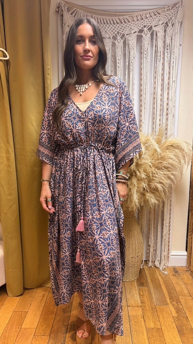 Kindred Geo Recycled Sari Silk Maxi Kaftan – One Size 10-18
