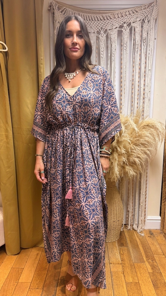 Kindred Geo Recycled Sari Silk Maxi Kaftan – One Size 10-18