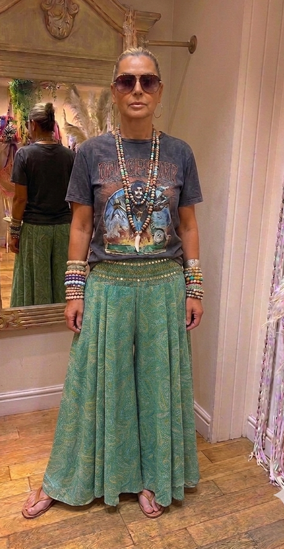 Indra bright green embellished Boho Palazzo Pants one size 10-14