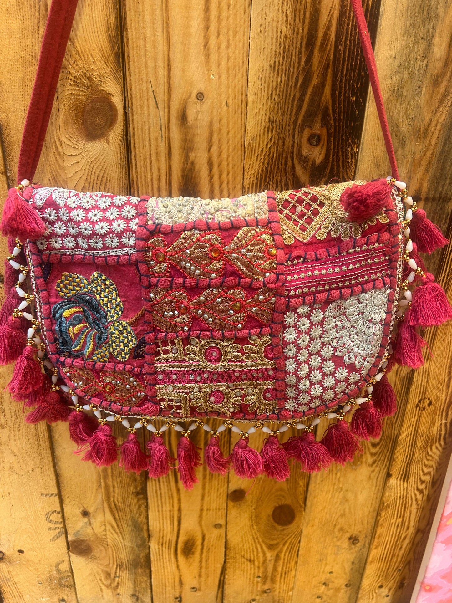 Pink Patchwork Embroidered Crossbody Bag - One of a Kind