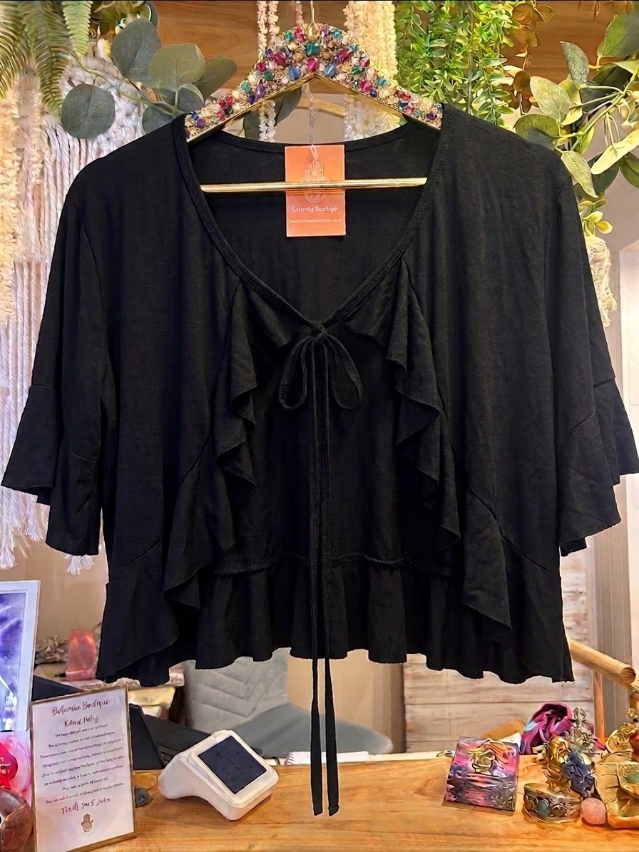 Black Ruffle Jersey Crop tie Top One size 10-14