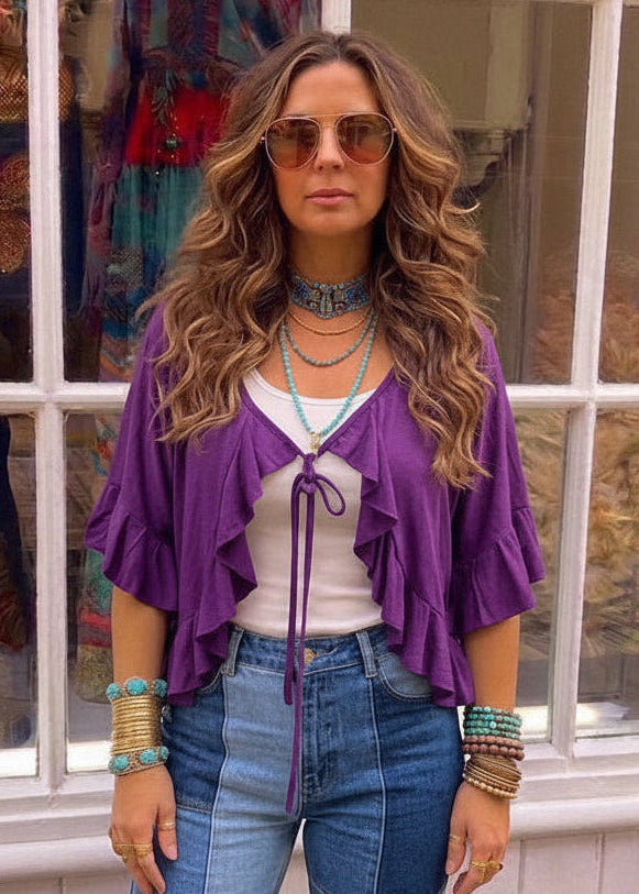 Deva Purple Ruffle Jersey Crop tie Top One size 10-14