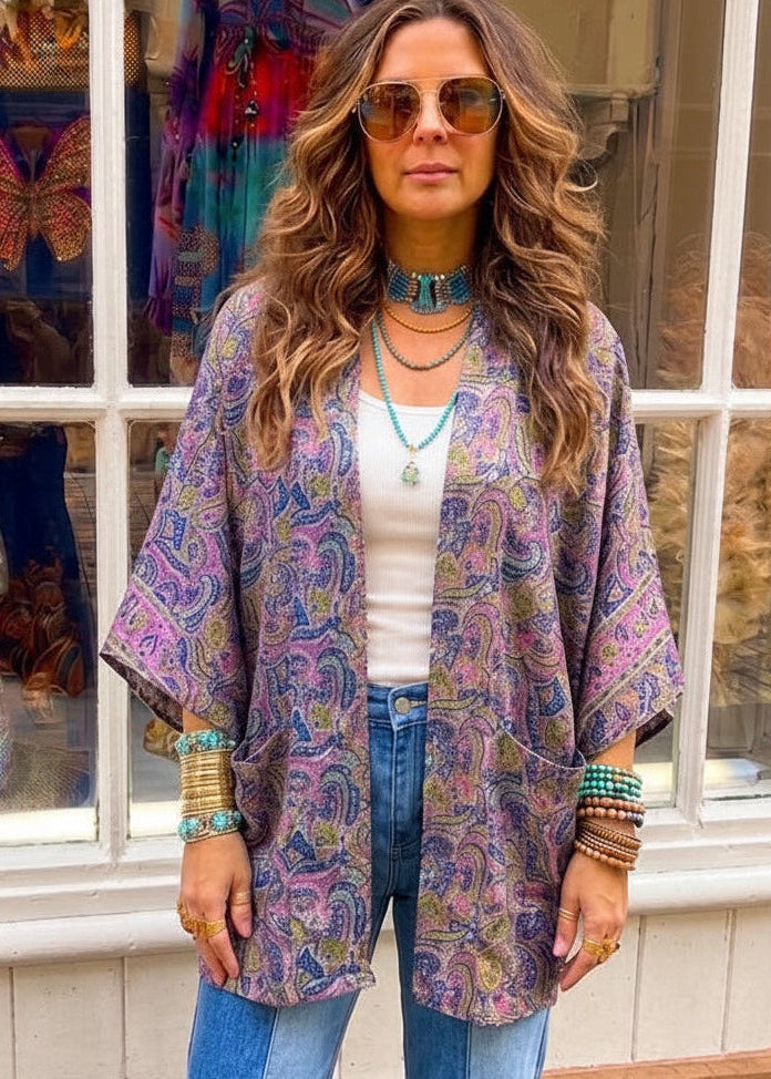 Bodhi Recycled Sari Silk Short Kimono one size 12-16