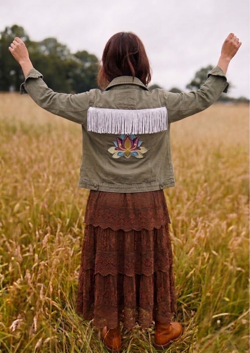 Customised Khaki Jacket – Lotus blossom motif size 10