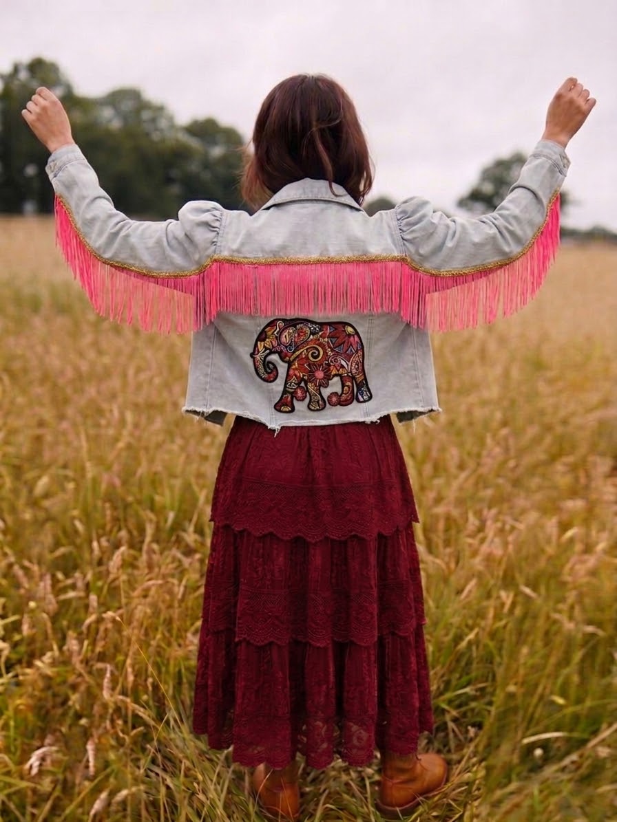 Customised Cropped Denim Jacket – Elephant embrodied motif size 12-14