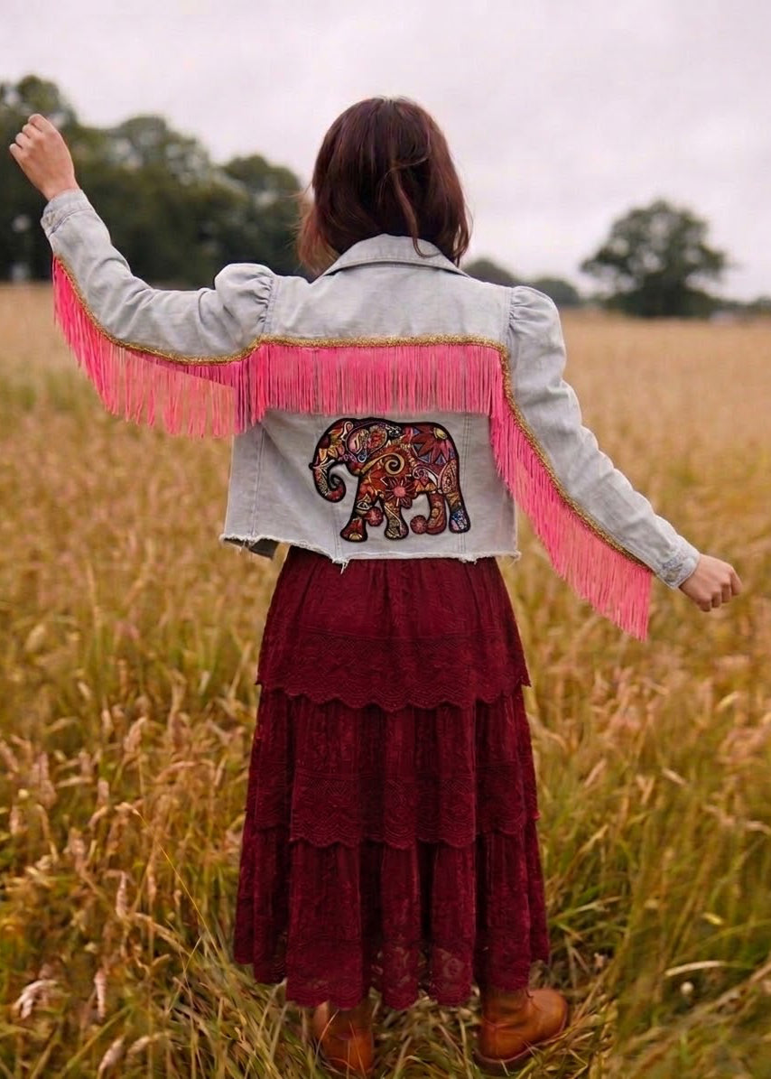 Customised Cropped Denim Jacket – Elephant embrodied motif size 12-14