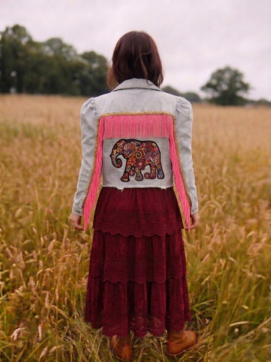 Customised Cropped Denim Jacket – Elephant embrodied motif size 12-14