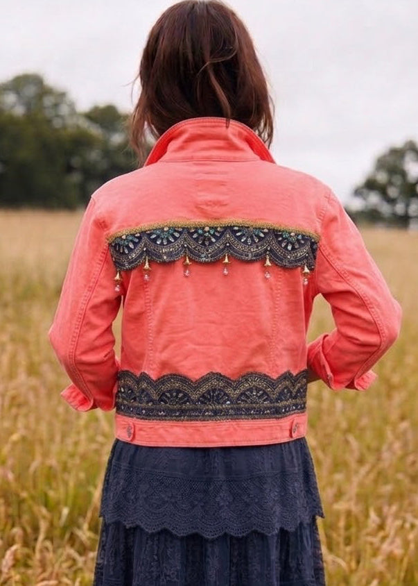 Customised Coral beaded denim Jacket – size 16