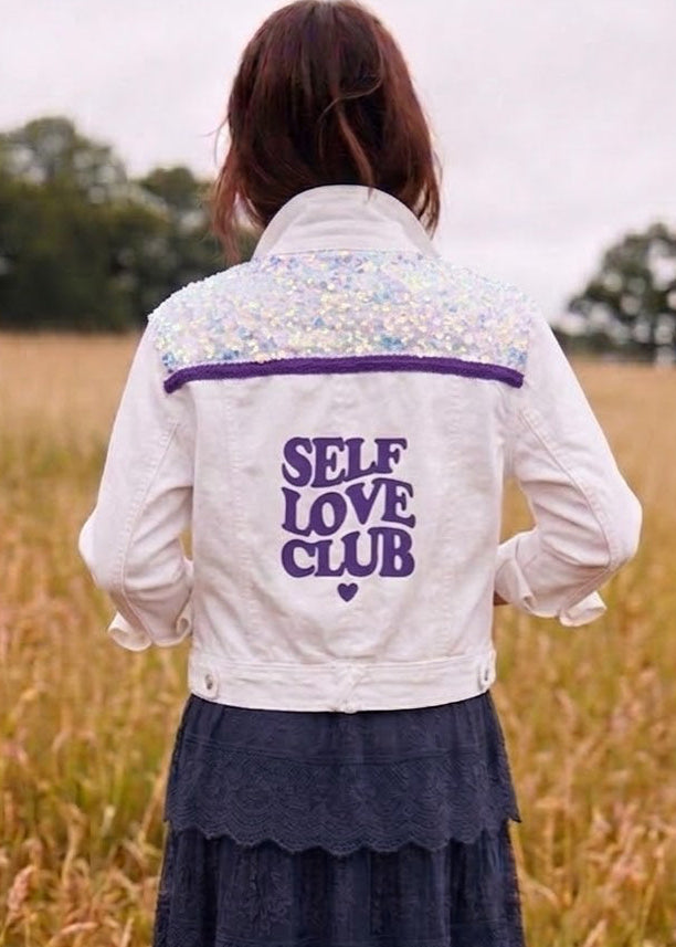 Customised Cropped Denim Jacket – Self love  size 10