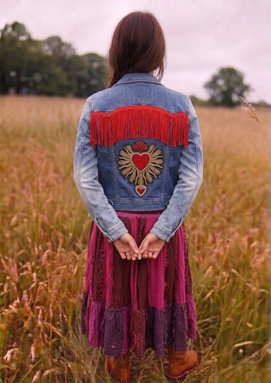 Customised Cropped Denim Jacket – Diamante heart size 10