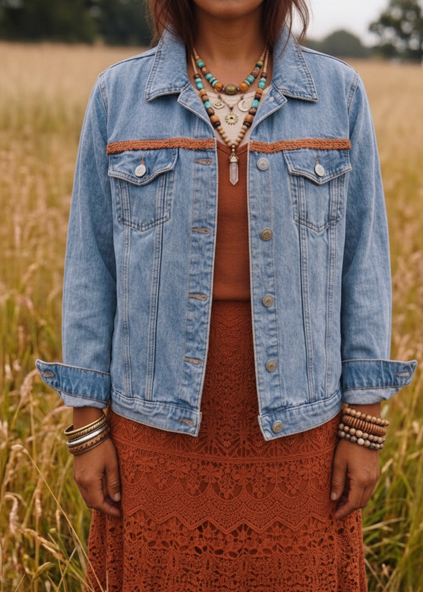 Customised Denim Jacket – Aztec Face & Faux Suede Tassel Detail size 18