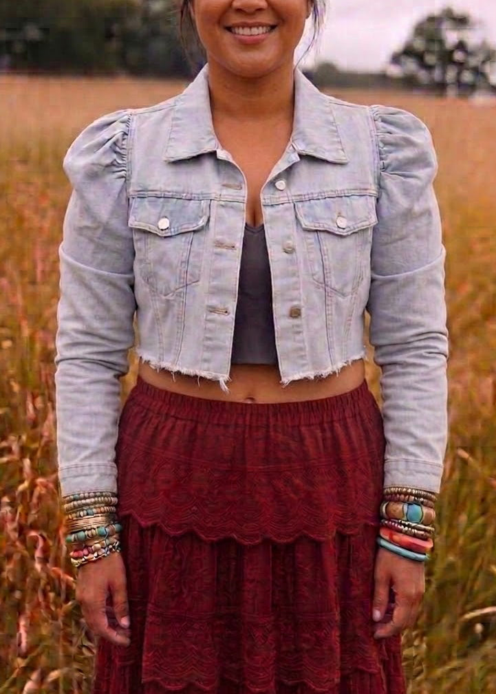 Customised Cropped Denim Jacket – Elephant embrodied motif size 12-14