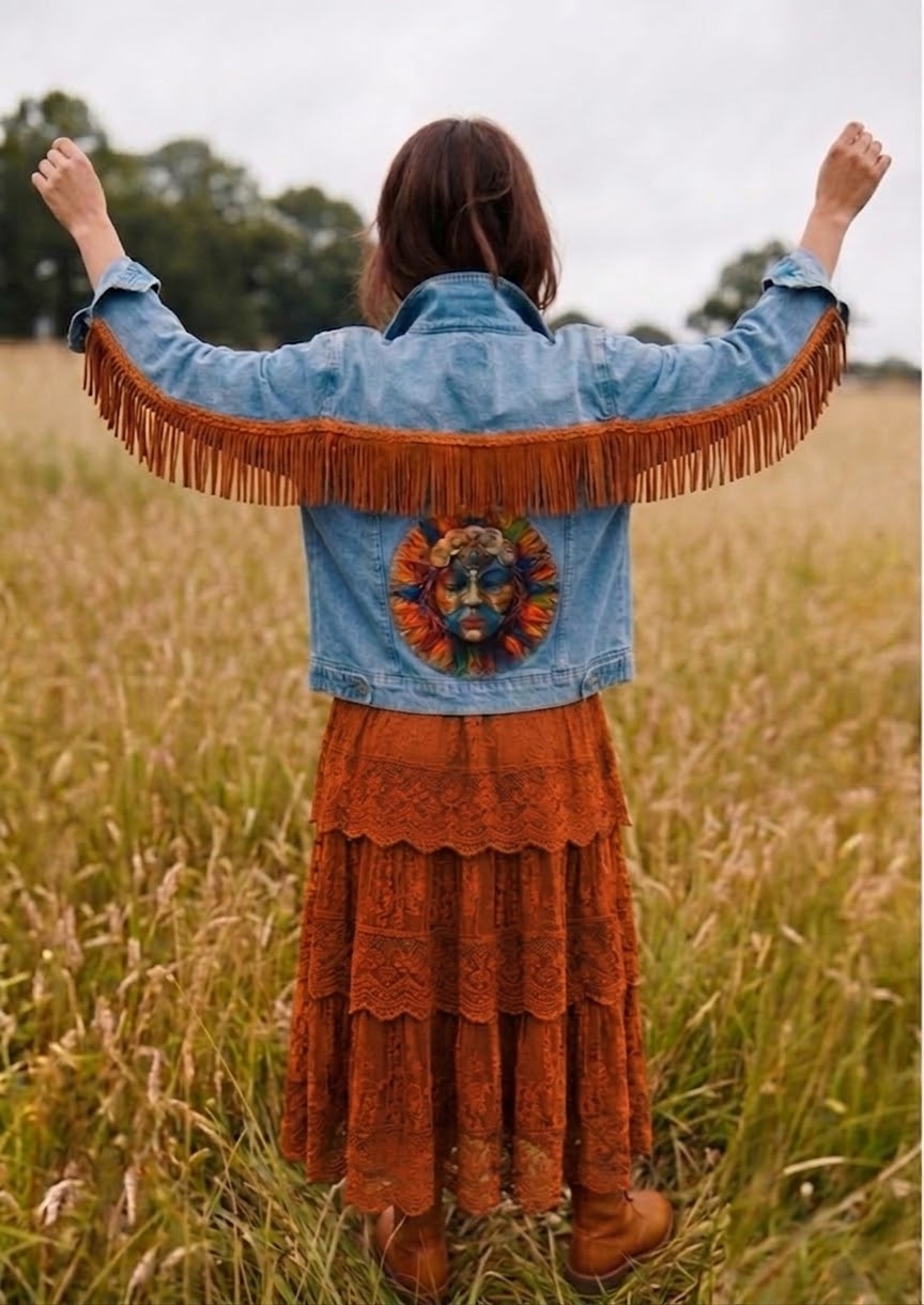 Customised Denim Jacket – Aztec Face & Faux Suede Tassel Detail size 18