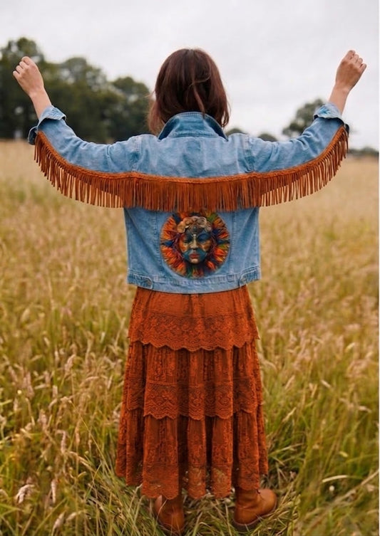 Customised Denim Jacket – Aztec Face & Faux Suede Tassel Detail size 18