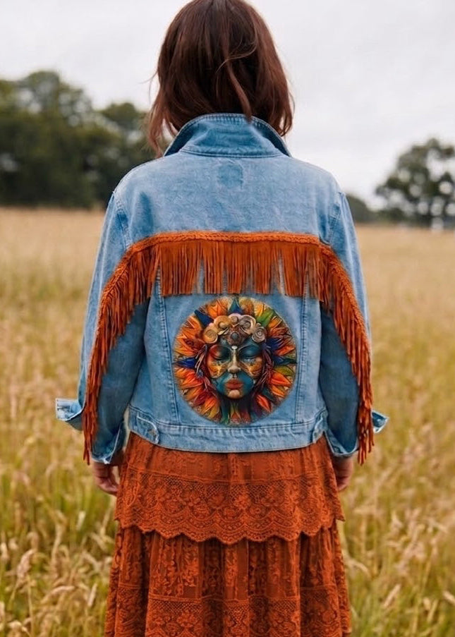 Customised Denim Jacket – Aztec Face & Faux Suede Tassel Detail size 18