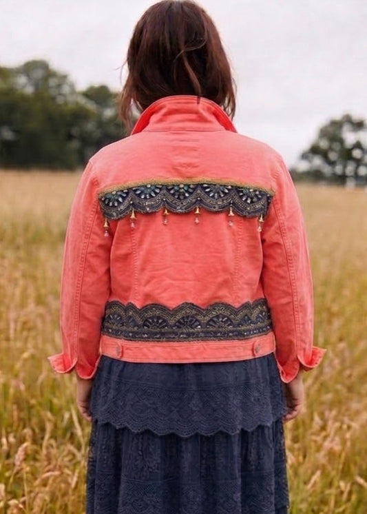 Customised Coral beaded denim Jacket – size 16-18
