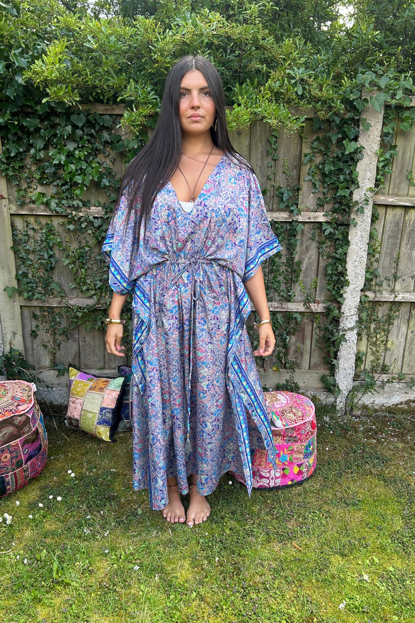 Flower Recycled Sari Silk Kaftan