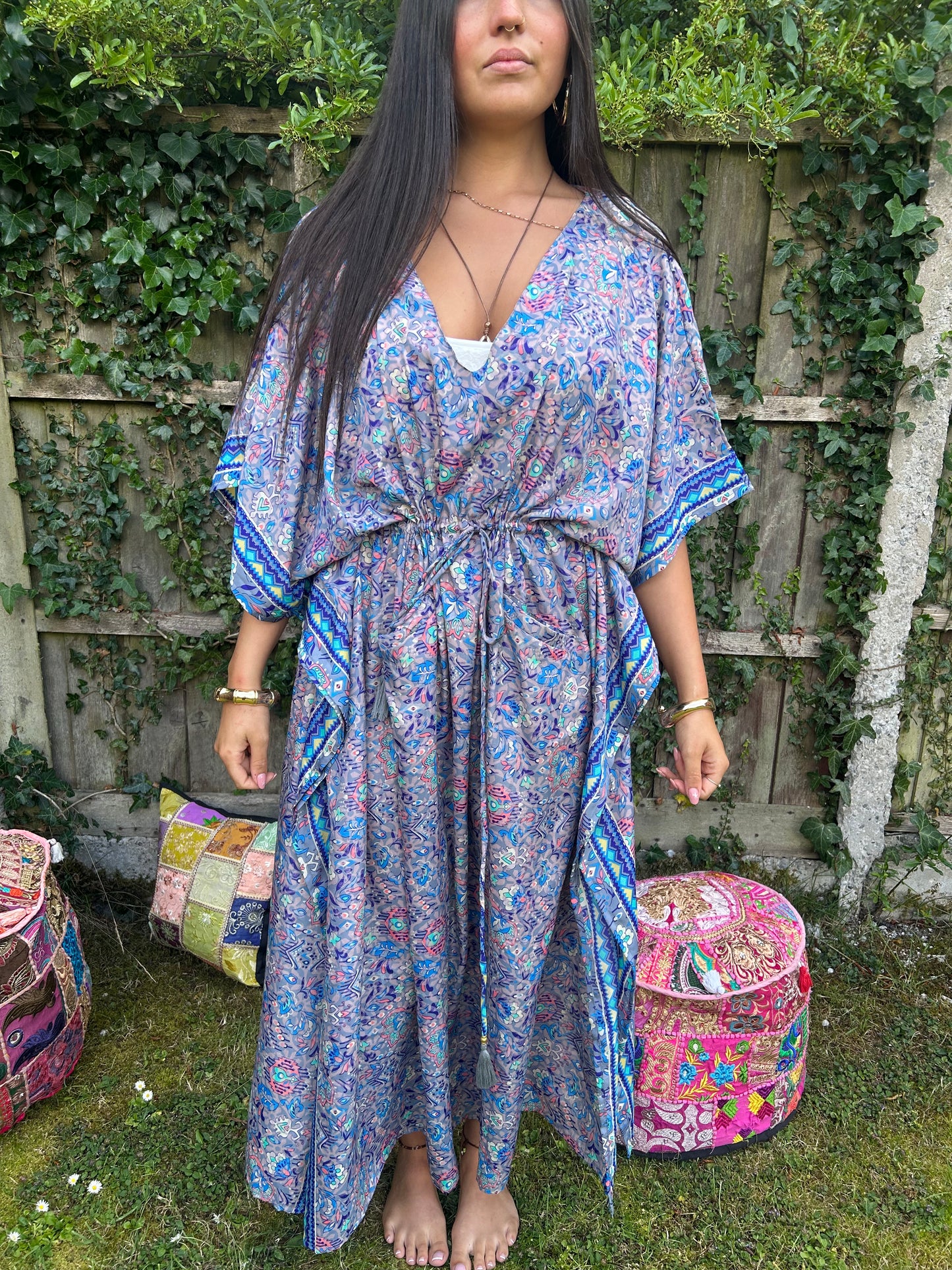 Flower Recycled Sari Silk Kaftan