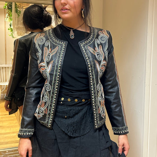 Black Embroidered Faux Leather Bolero Jacket size 12