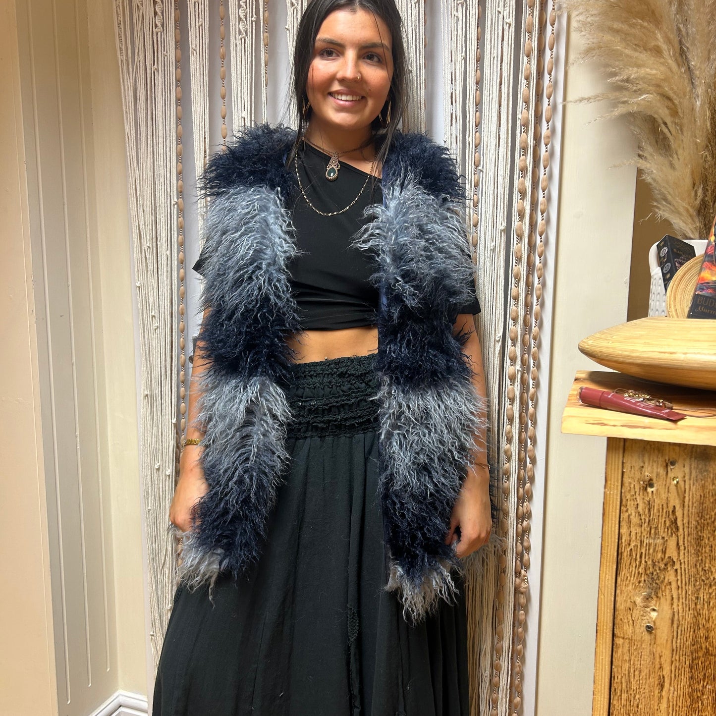 Mongolian retro navy & grey Faux fur gilet size 8-12