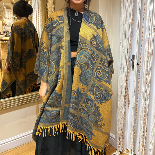 Soft Knitted Pashmina - Ochre & Blue Bold Paisley Print size 8-18