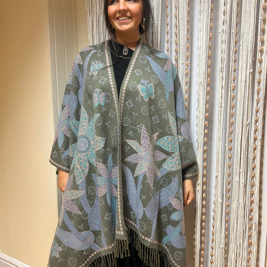 Soft knitted Pashmina - Olive Green with Bold Floral Print size 8-18